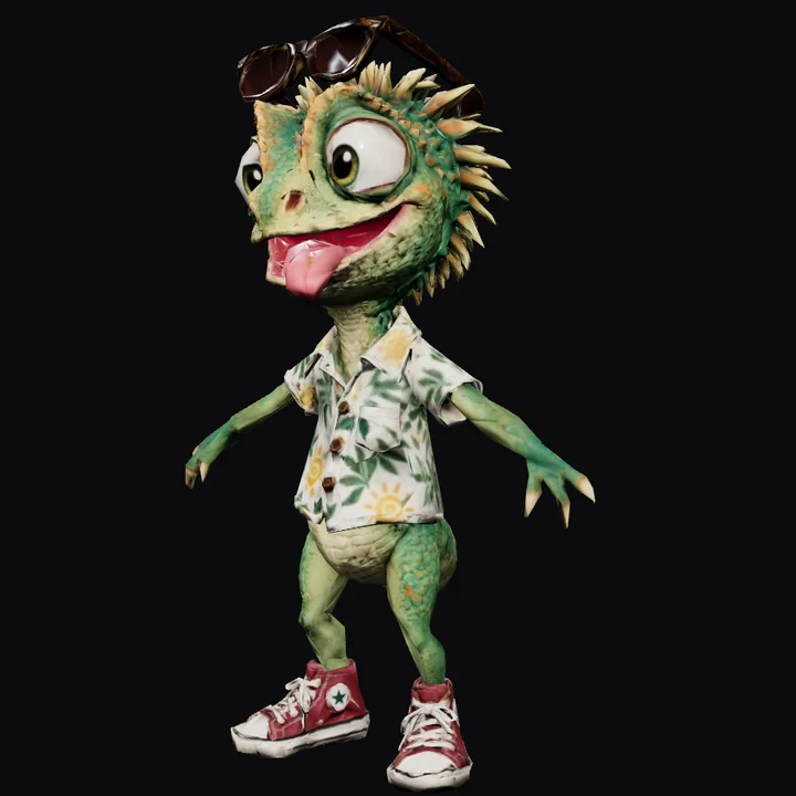 A cartoon gecko character in a Hawaiian shirt, after the API cut it to a quarter of its triangles
